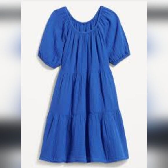 Old navy 💯 Cotton gauze  Puff-Sleeve Tiered Mini Swing Dress  blue size - Picture 4 of 12